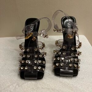 VERSACE CRYSTAL EMBELLISHED JELLY Black Heel Sandals 6.5 / 37